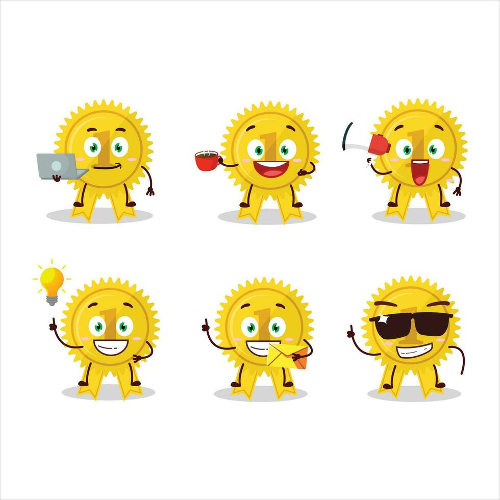 Gold medal ribbon cartoon character with various types of business emoticons vector