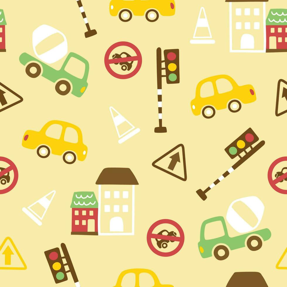 Seamless pattern vector of vehicles cartoon with traffic signs and buildings