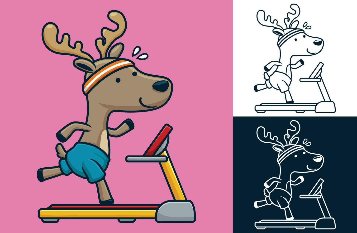 Funny deer running on treadmill. Vector cartoon illustration in flat icon style