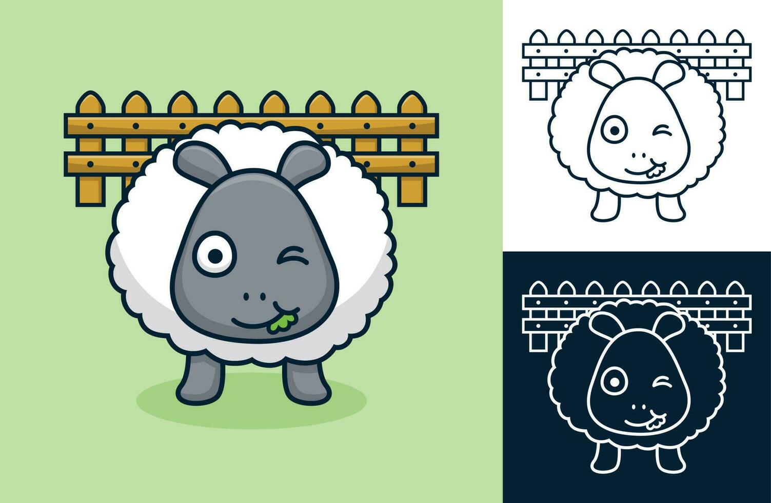 Sheep eating grass on fence background. Vector cartoon illustration in flat icon style