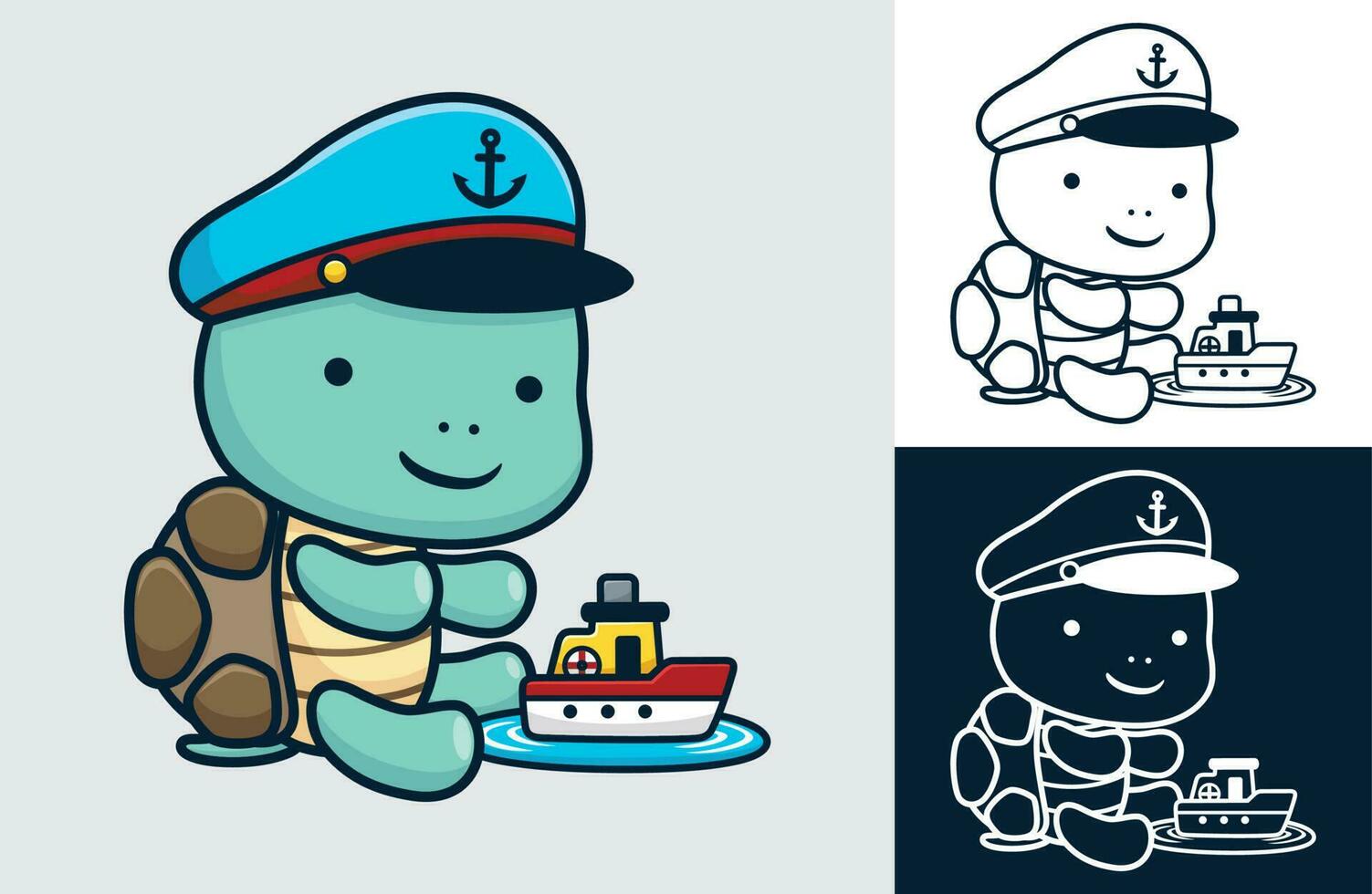 Cute turtle wearing sailor hat with a little boat. Vector cartoon illustration in flat icon style