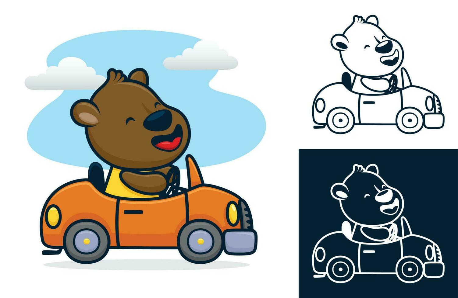 Happy bear driving car on blue sky background. Vector cartoon illustration in flat icon style