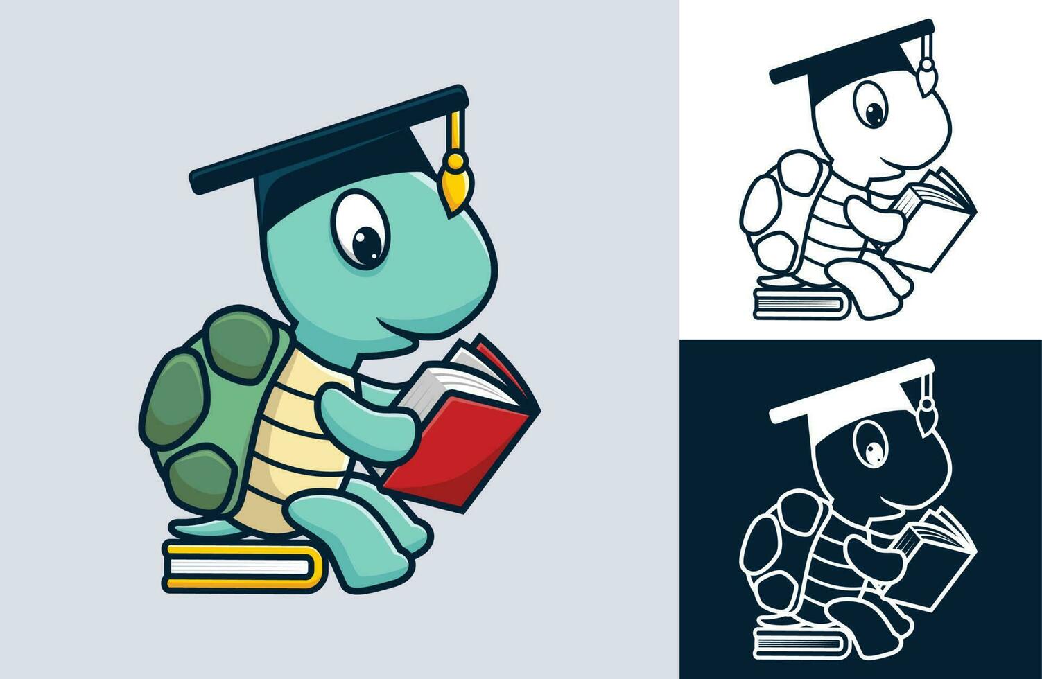 Funny turtle wearing graduation hat sitting on book while reading book. Vector cartoon illustration in flat icon style