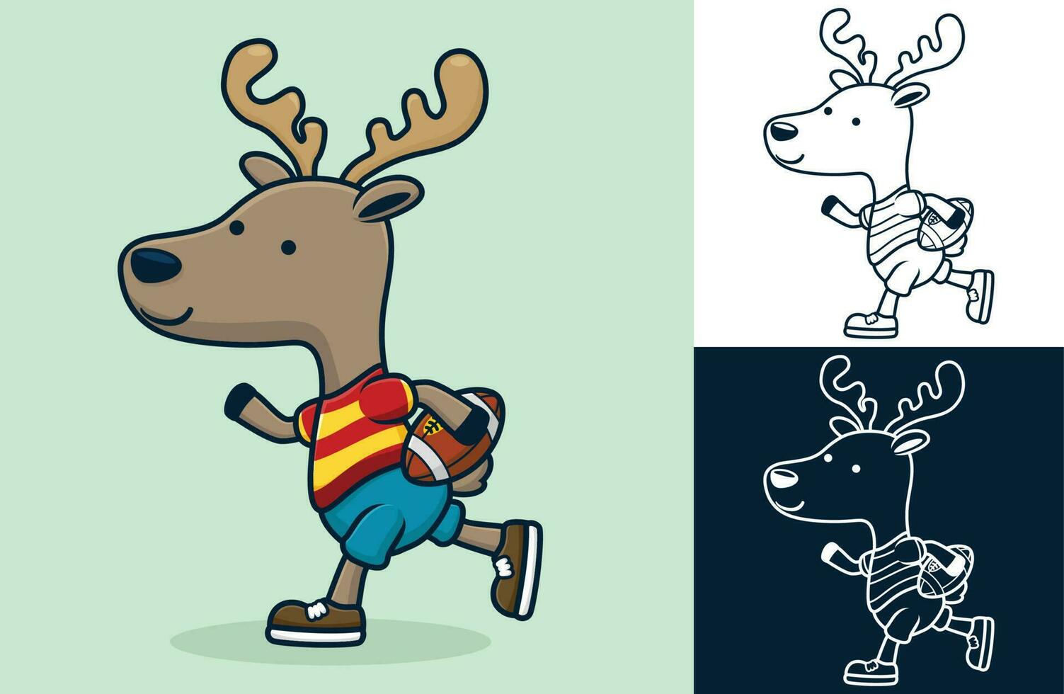 Funny deer playing rugby. Vector cartoon illustration in flat icon style