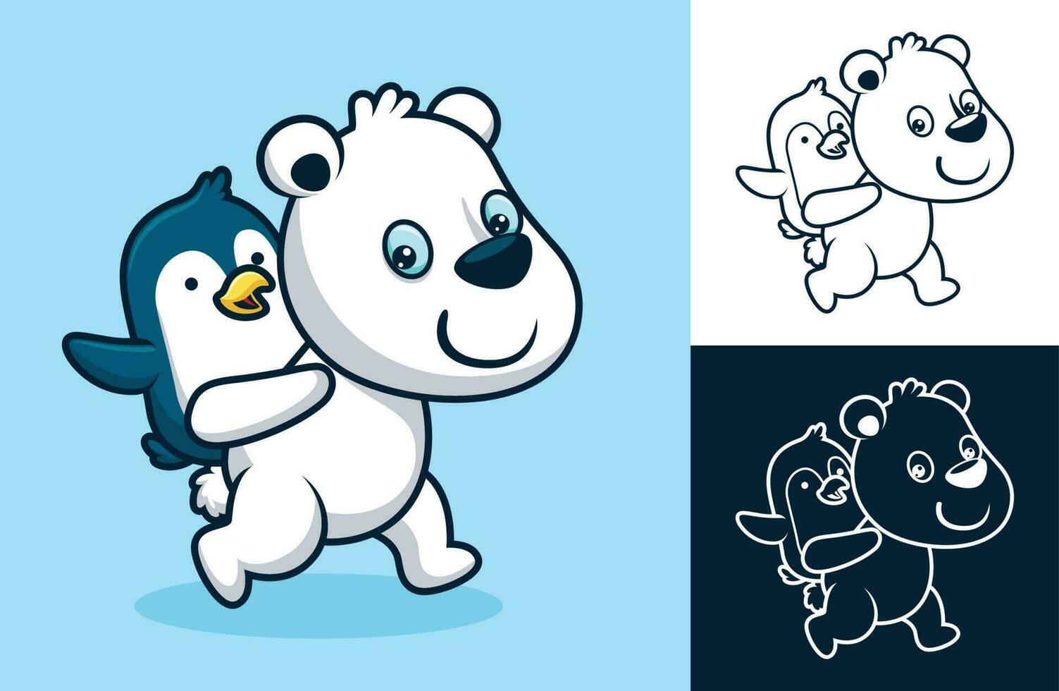 Funny polar bear bearing a penguin on it back. Vector cartoon illustration in flat icon style