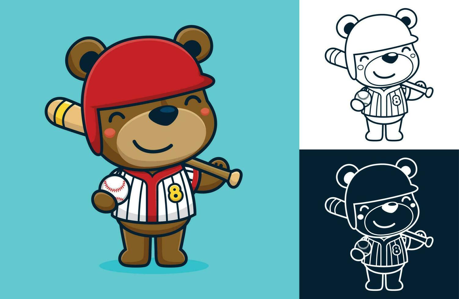 Funny bear in baseball player uniform with baseball bat and ball. Vector cartoon illustration in flat icon style