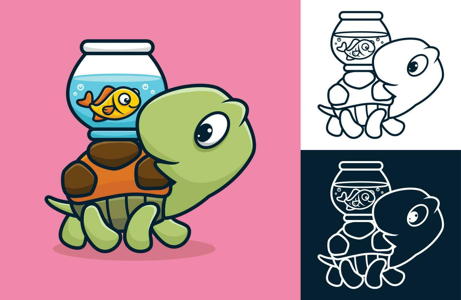 Funny turtle carrying fish in jar on his back. Vector cartoon illustration in flat icon style