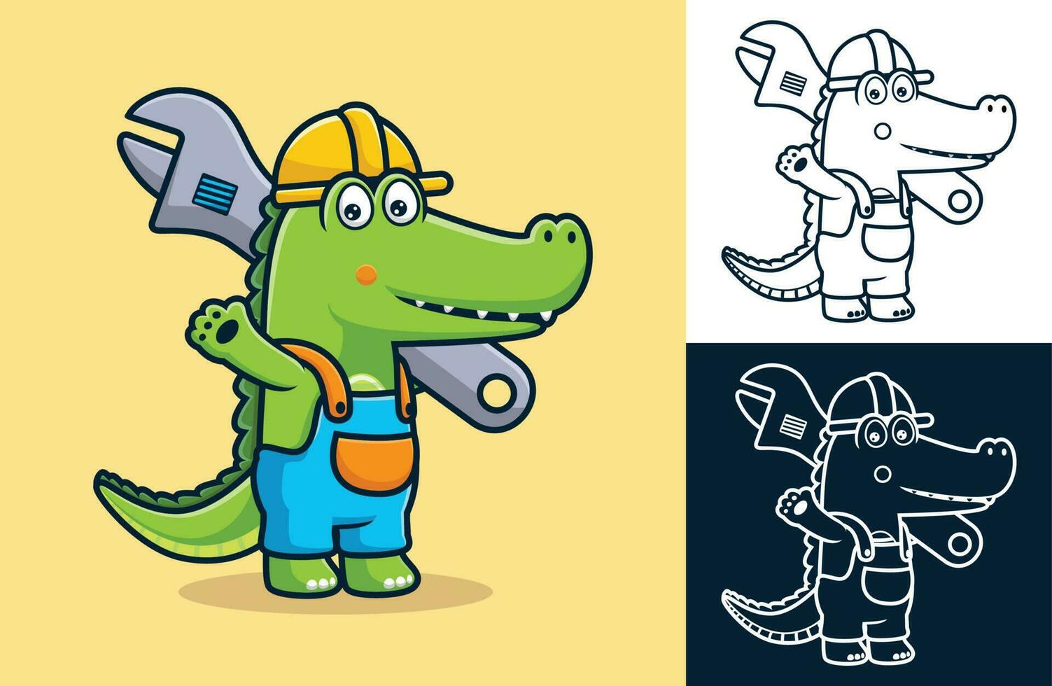 cocodrilo en trabajador uniforme con grande mono llave inglesa. vector dibujos animados ilustración en plano icono estilo