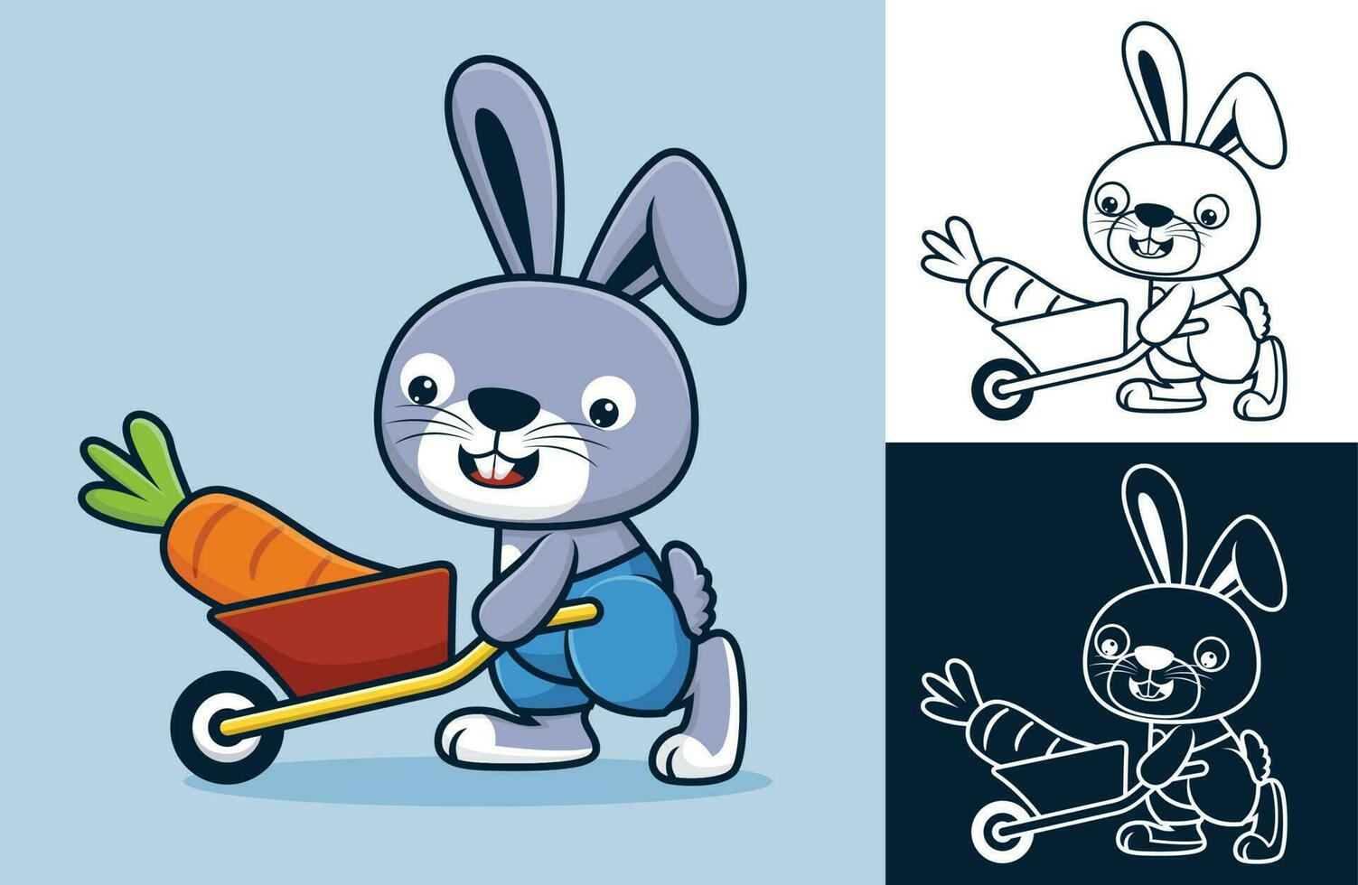 Cute rabbit carrying big carrot with wheelbarrow. Vector cartoon illustration in flat icon style