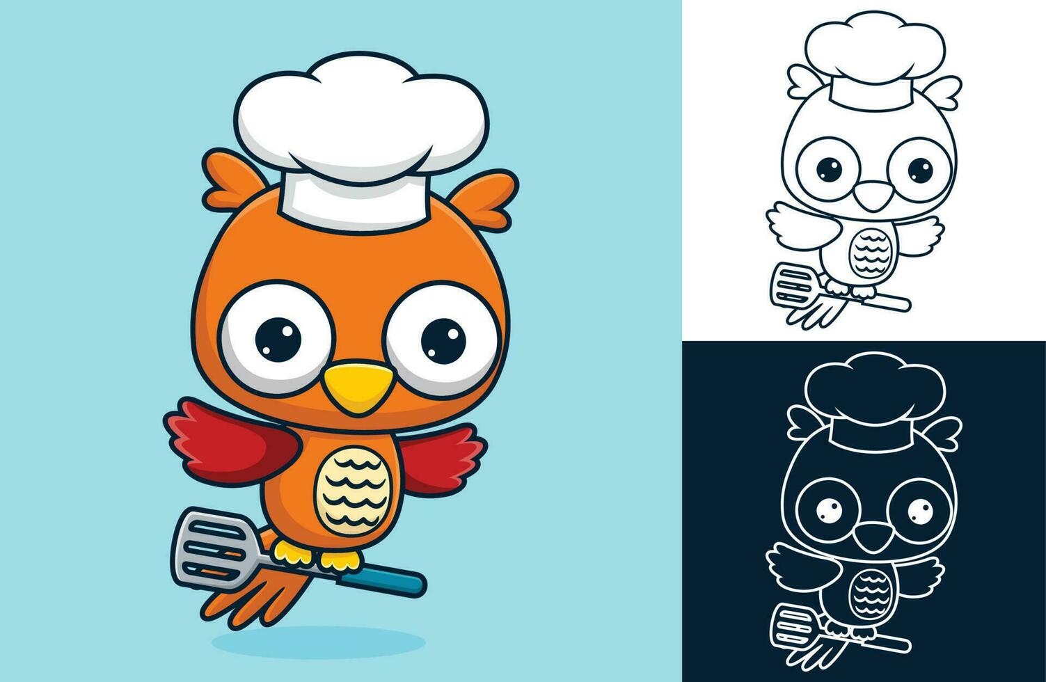 Cute owl wearing chef hat with spatula in its feet. Vector cartoon illustration in flat icon style