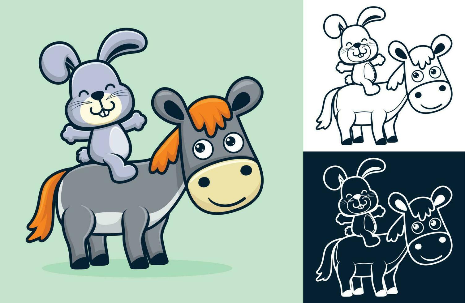 Cute rabbit riding donkey. Vector cartoon illustration in flat icon style