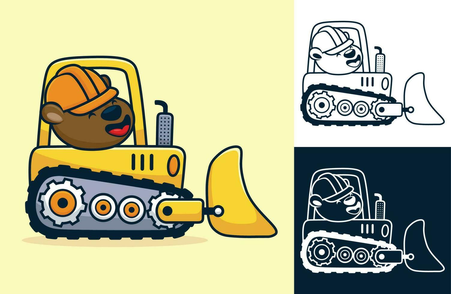 Little bear wearing worker helmet on bulldozer. Vector cartoon illustration in flat icon style