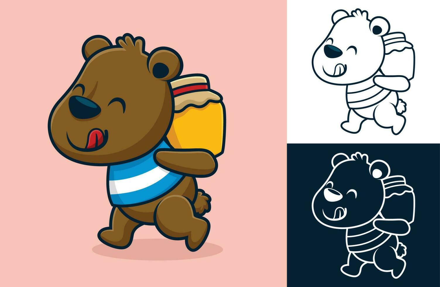 Funny bear carrying honey jar on it back. Vector cartoon illustration in flat icon style