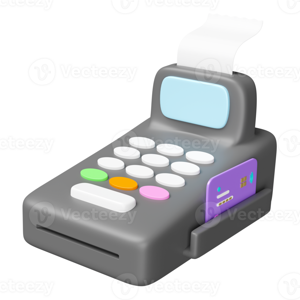 3d payment machine or pos terminal float with credit card, electronic bill payment, invoice or paper check receipt isolated. 3d render illustration png