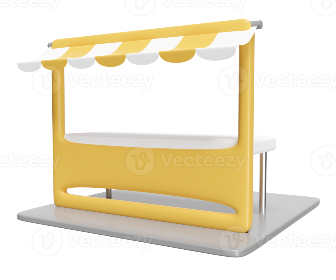 3d gul vit bås affär ikon eller tömma detaljhandeln Lagra främre med randig markis isolerat. börja franchise företag begrepp, 3d framställa illustration png