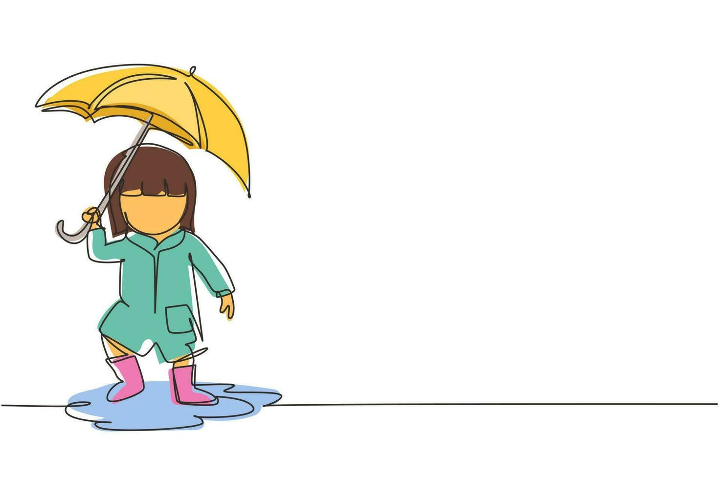 Continuous one line drawing little girl play wear raincoat and umbrella. Child playing in rain. Kid in raincoat and rubber boots plays in rain, puddle splashing. Single line draw design vector graphic