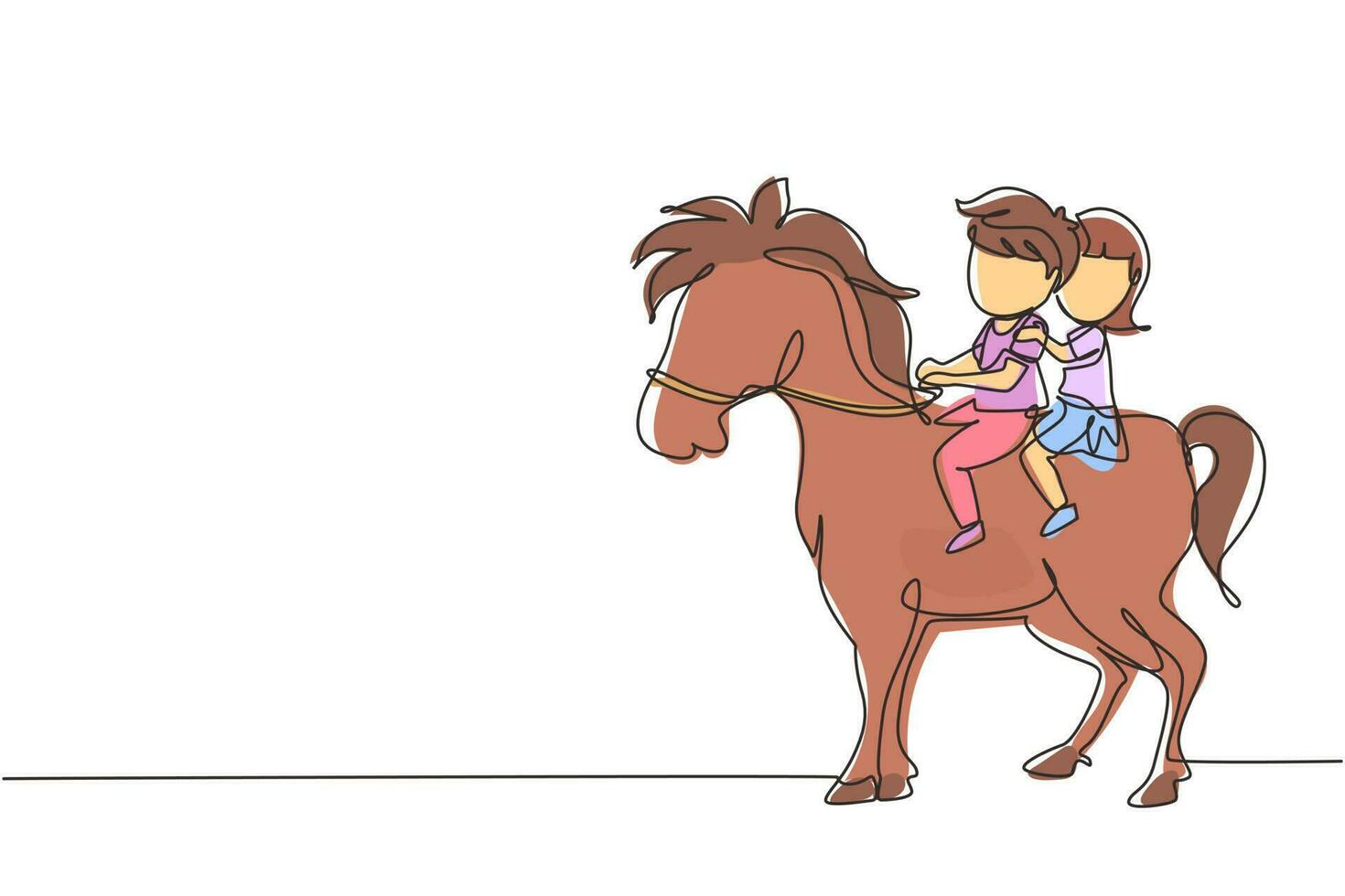 dibujo de una sola línea continua feliz lindo niño y niña montando a caballo juntos. niños sentados a caballo con silla de montar en el parque del rancho. niños aprendiendo a montar a caballo. vector de diseño gráfico de dibujo de una línea