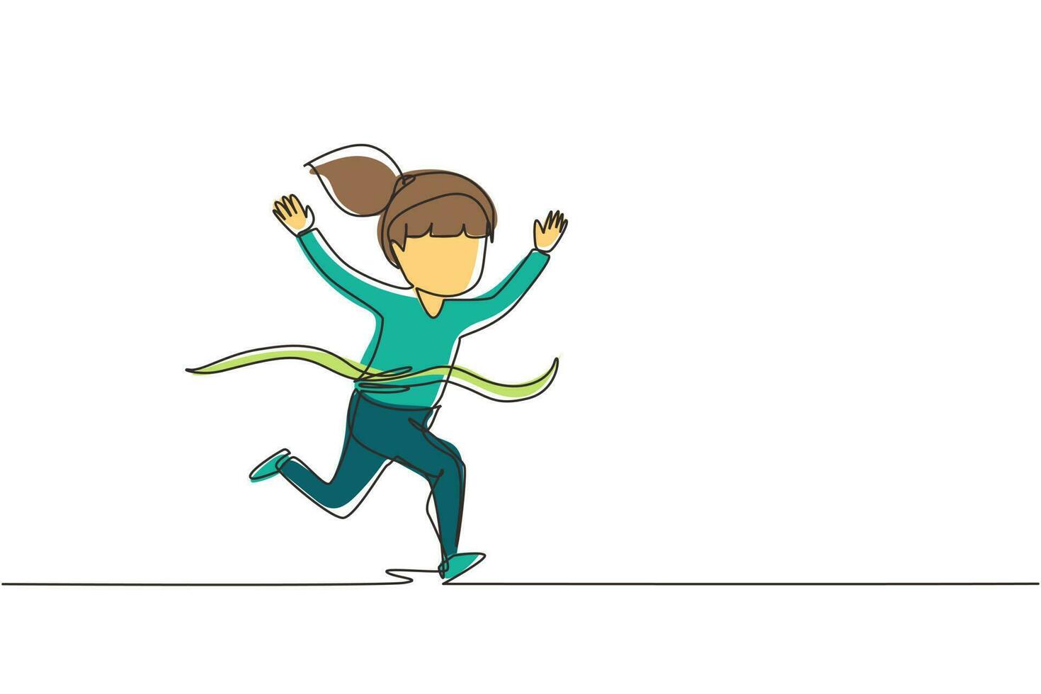Continuous one line drawing cute girl run in race and win first place. Little kid running to finish line first, children physical activity concept. Single line draw design vector graphic illustration