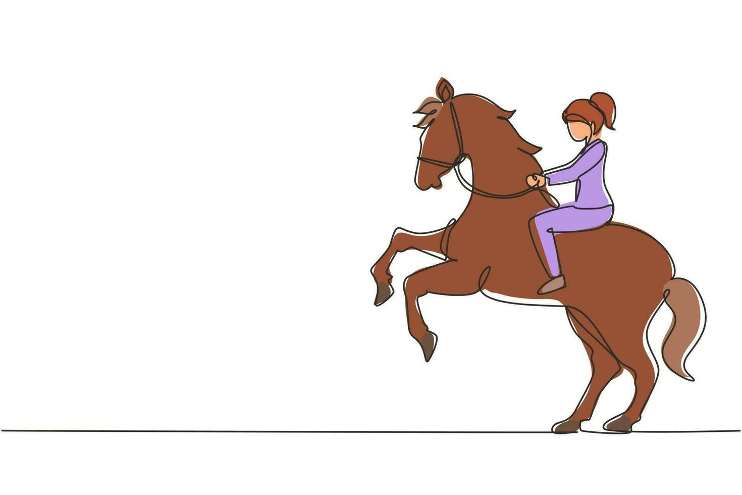 Continuous one line drawing businesswoman riding horse symbol of success. Business metaphor concept, looking at the goal, achievement, leadership. Single line draw design vector graphic illustration