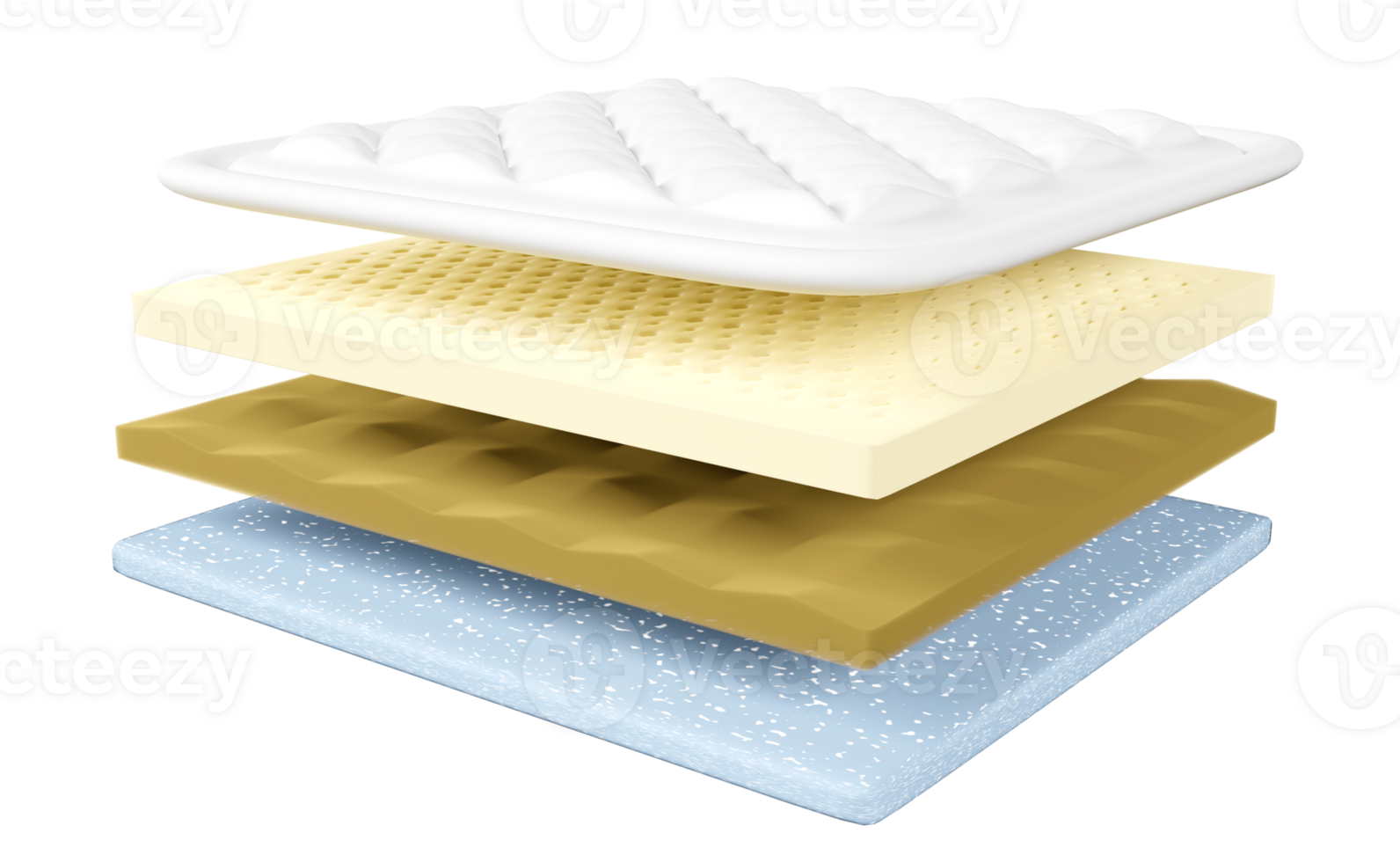 3d 4 layered sheet material mattress with fabric, soft sponge, latex, memory foam isolated. minimal abstract, 3d render illustration png