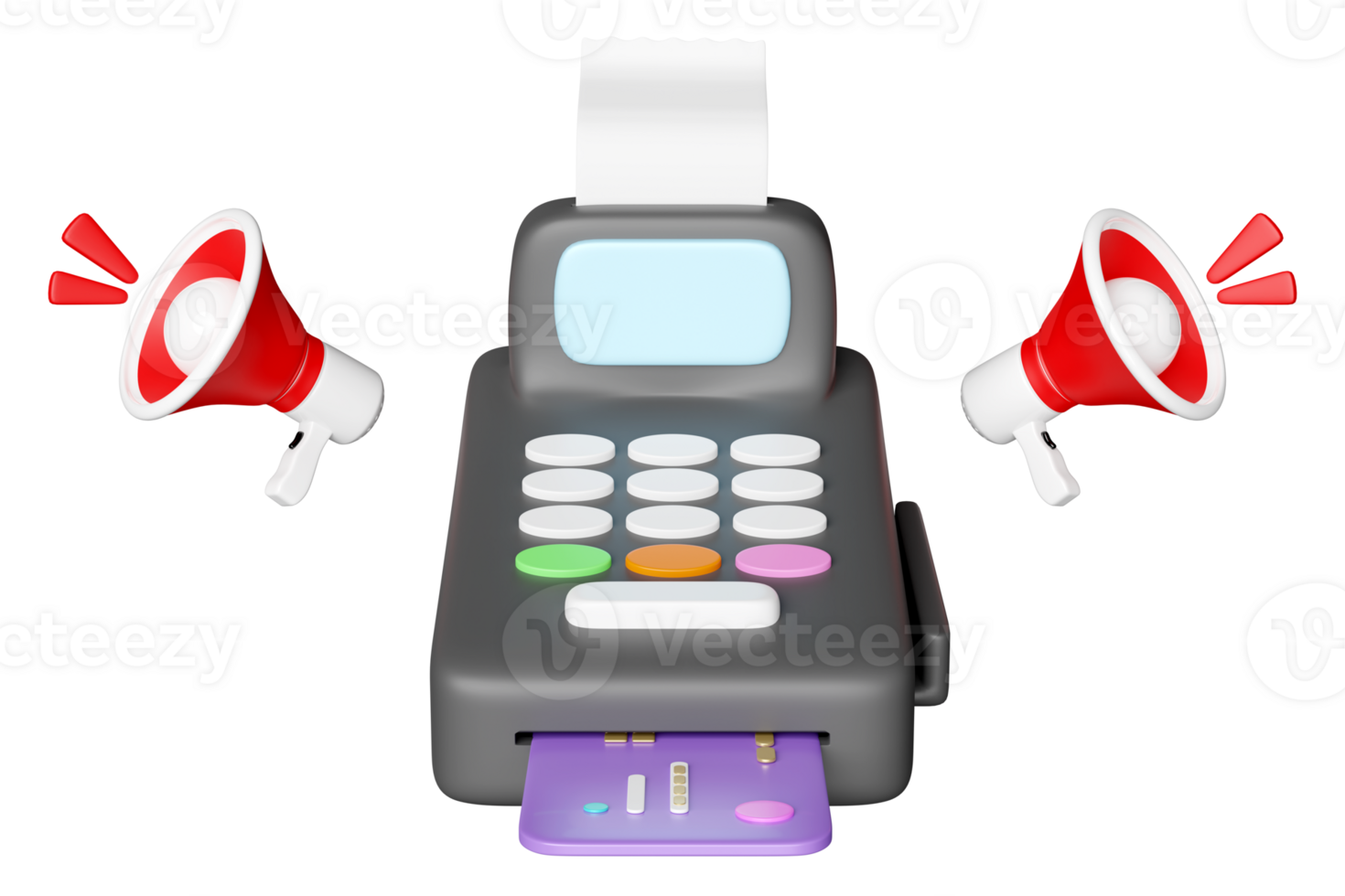 3d payment machine or pos terminal float with credit card, electronic bill payment, invoice, paper check receipt, megaphone isolated.  3d render illustration png