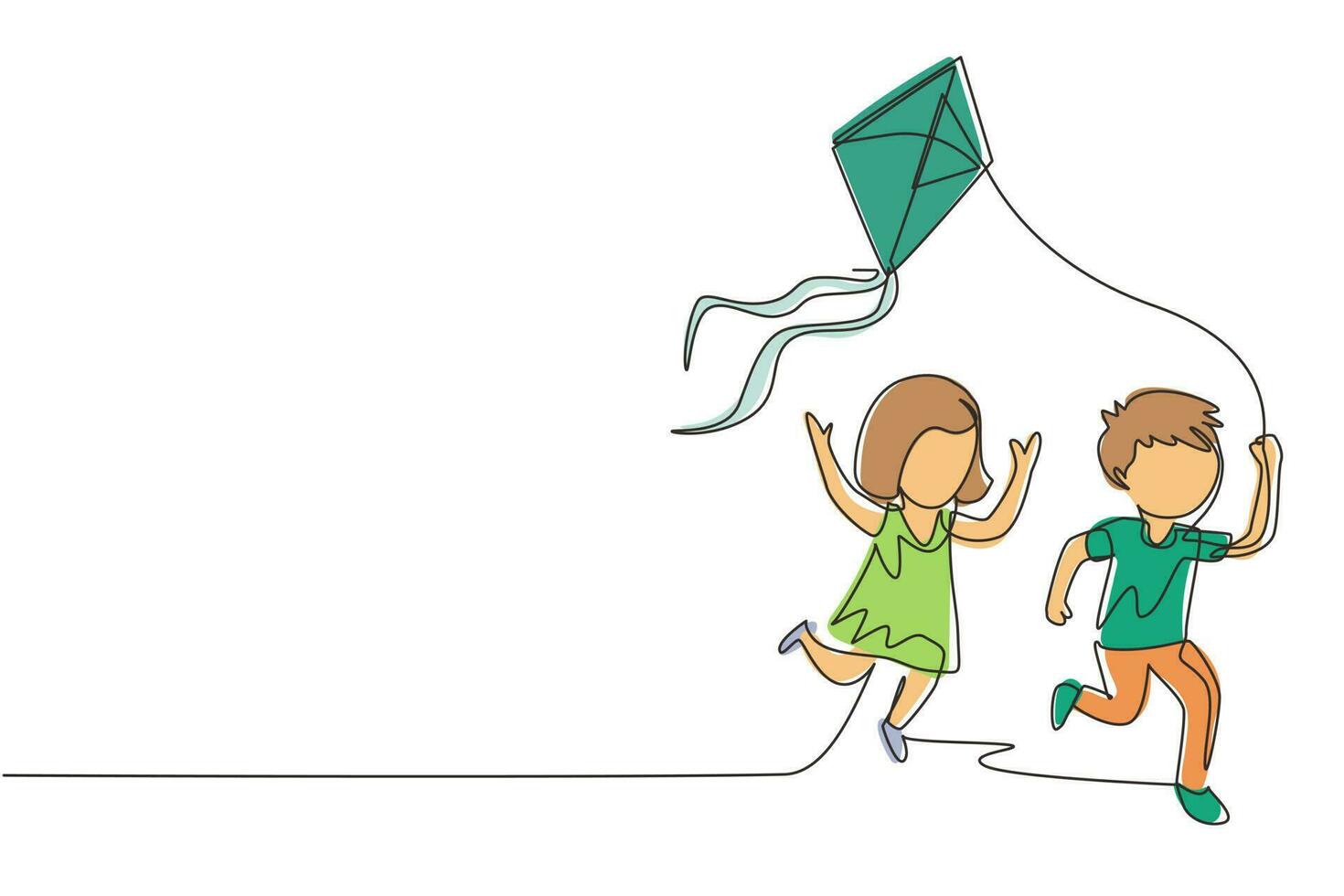 Single continuous line drawing little boy and girl flying kite. Siblings playing together. Kids  playing kite in playground. Children with kites game and they look happy. One line draw graphic design vector