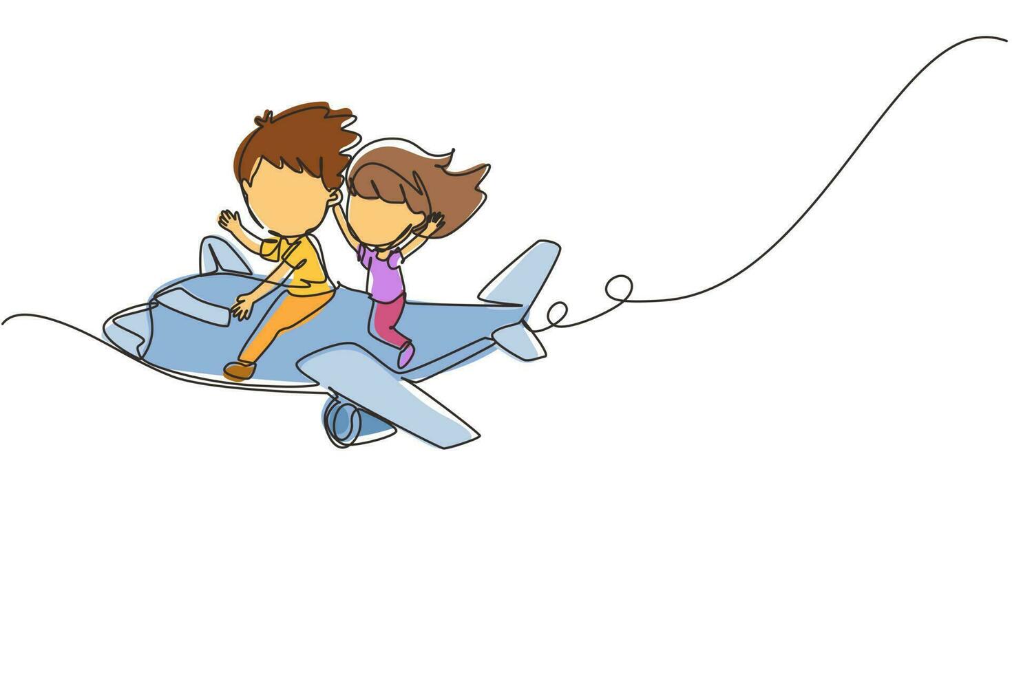 Single continuous line drawing little boys and girls riding plane. Happy kids on airplane. Children riding airplane, summer journey, travel concept. One line draw graphic design vector illustration