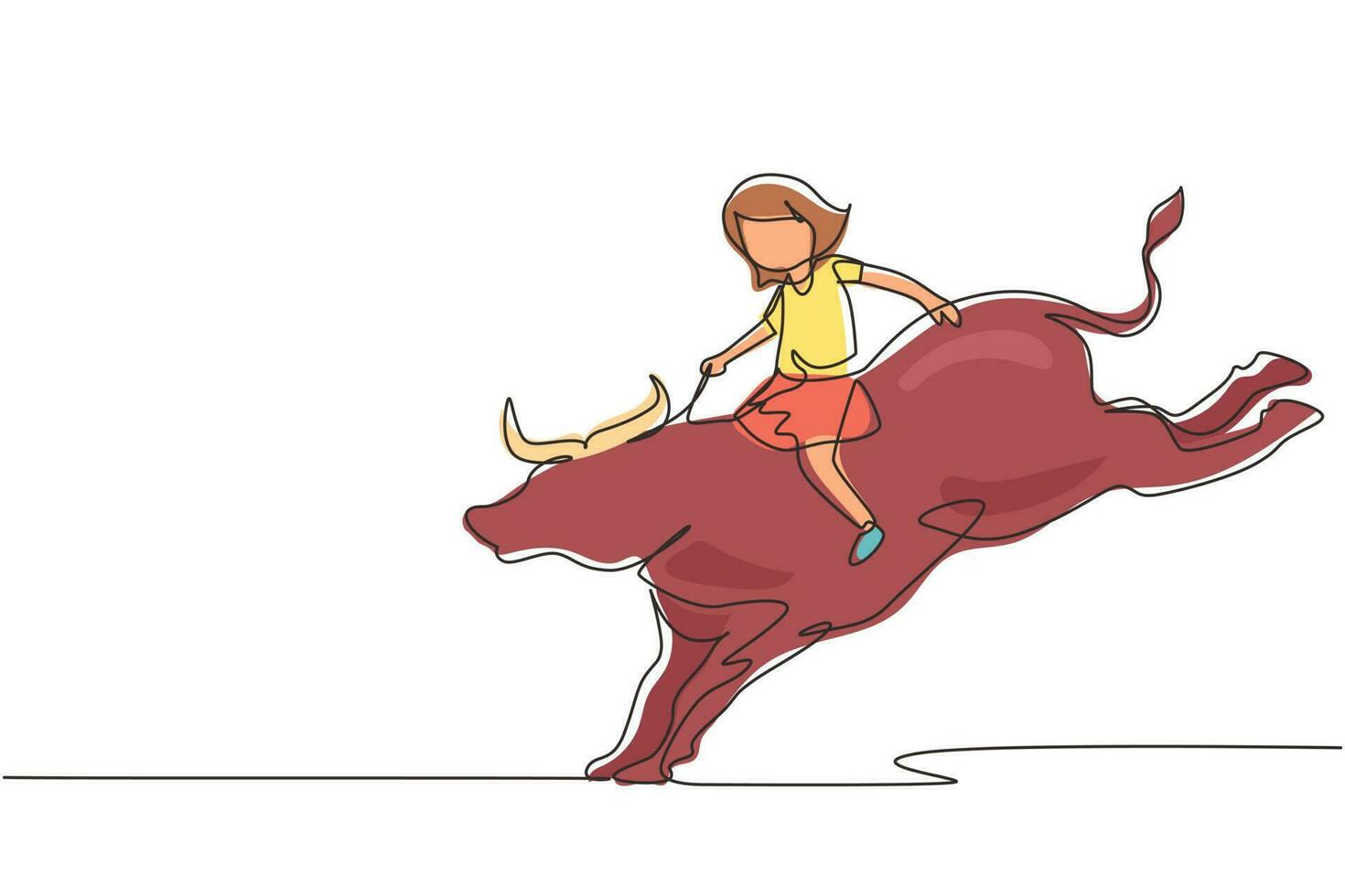 Continuous one line drawing happy cute kid girl riding bull. Child sitting on back bull with saddle in cowboy ranch. Kids learning to ride bull. Single line draw design vector graphic illustration