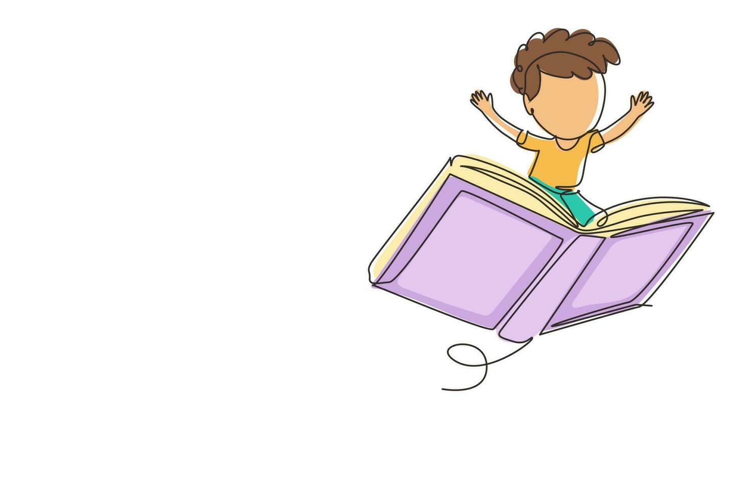 Continuous one line drawing happy smiling preschooler kid boy flying on big open book. Children riding magical flying book. Knowledge power concept. Single line draw design vector graphic illustration