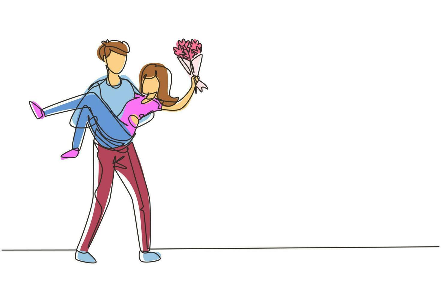 un solo hombre dibujando una línea sosteniendo a una mujer y haciendo una propuesta de matrimonio con ramo. chico enamorado dando flores. pareja feliz preparándose para la boda. vector gráfico de diseño de dibujo de línea continua