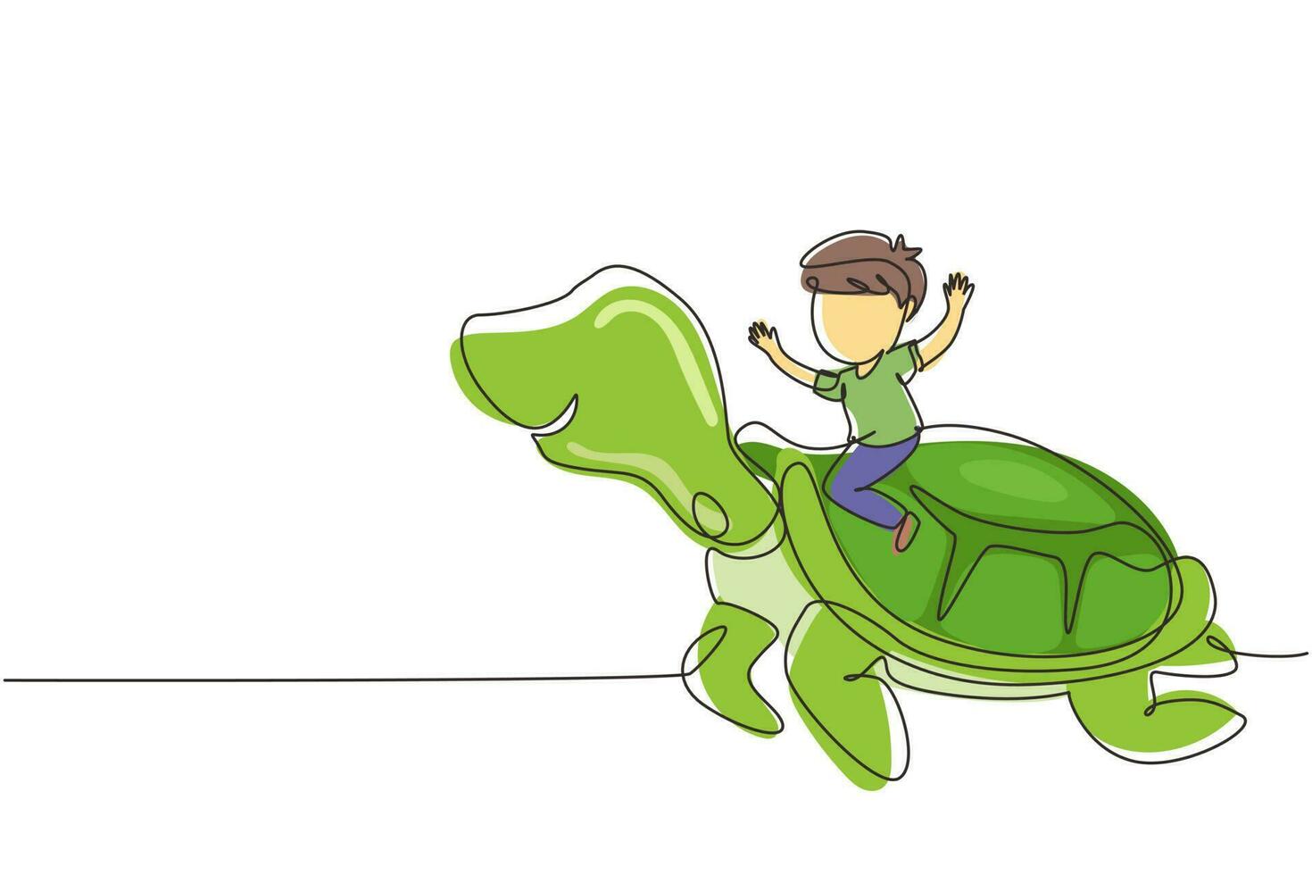 Single continuous line drawing little boy riding sea turtle. Child sitting on back tortoise with fins diving in beach. Kids learning to ride turtle. One line draw graphic design vector illustration