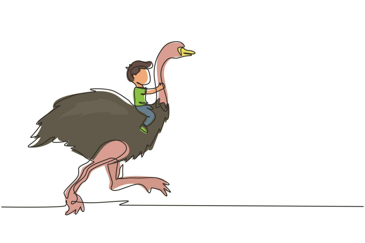 Single continuous line drawing happy little boy riding cute ostrich. Child sitting on back ostrich with holding its neck. Kid learning to ride ostrich. One line draw graphic design vector illustration
