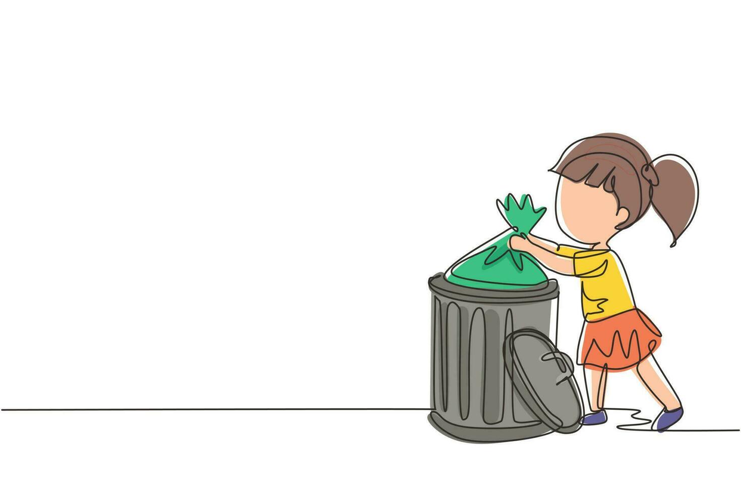 Single continuous line drawing little girl taking out the trash. Kids doing housework chores at home concept. Ecology themed. Eco education. Kid activities. Dynamic one line draw graphic design vector