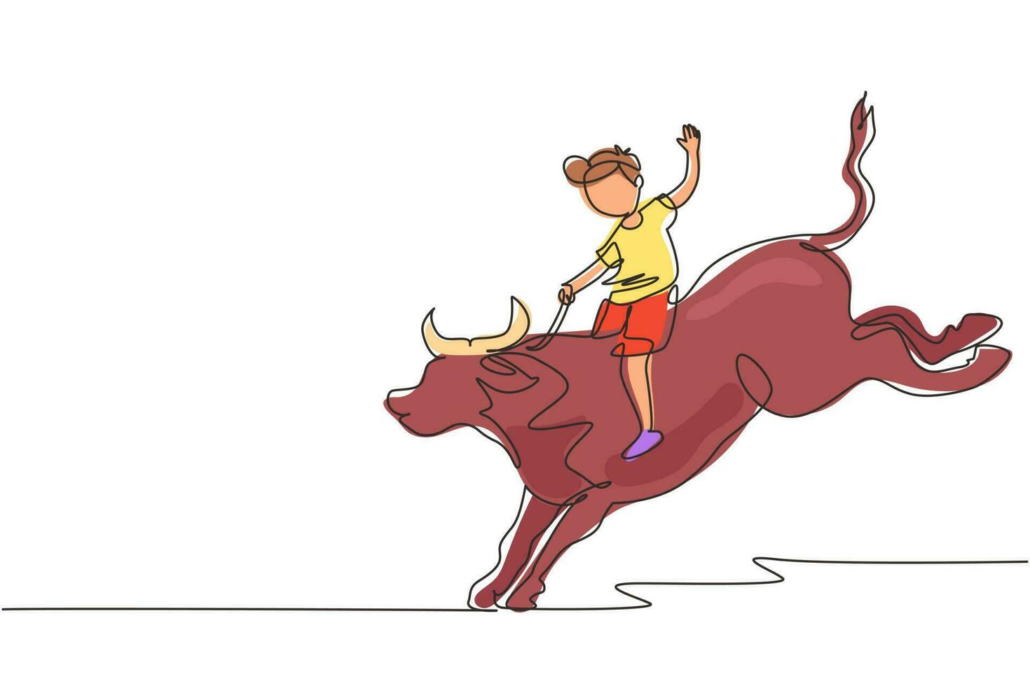 Single continuous line drawing happy little boy riding hippo. Child sitting on back hippopotamus in zoo. Kids learning to ride hippopotamus. Dynamic one line draw graphic design vector illustration