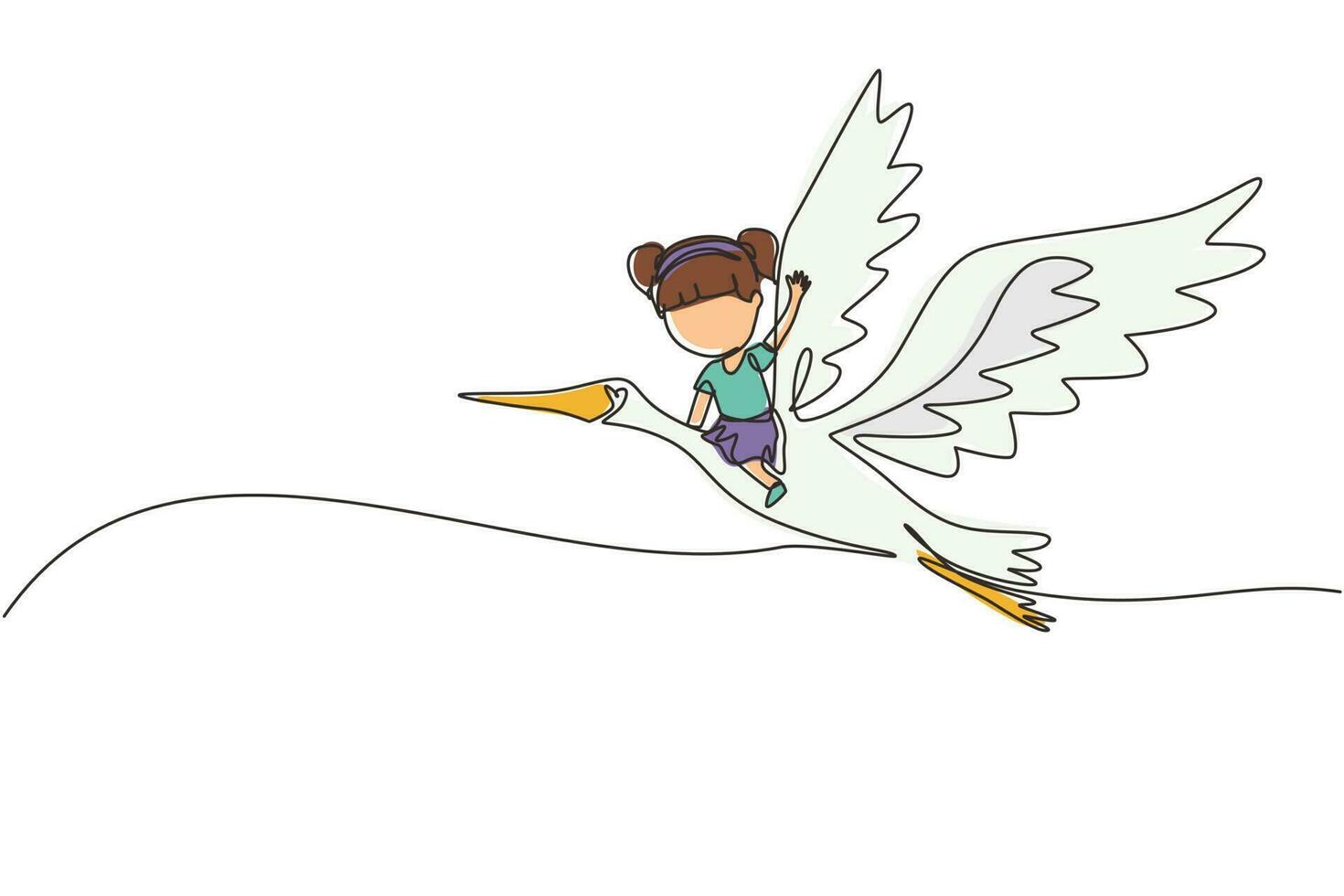 dibujo de una sola línea niña feliz volando con cigüeña. niño vuela y se sienta en la espalda pájaro cigüeña en el cielo. niños aprendiendo a montar una linda cigüeña. ilustración de vector gráfico de diseño de dibujo de línea continua