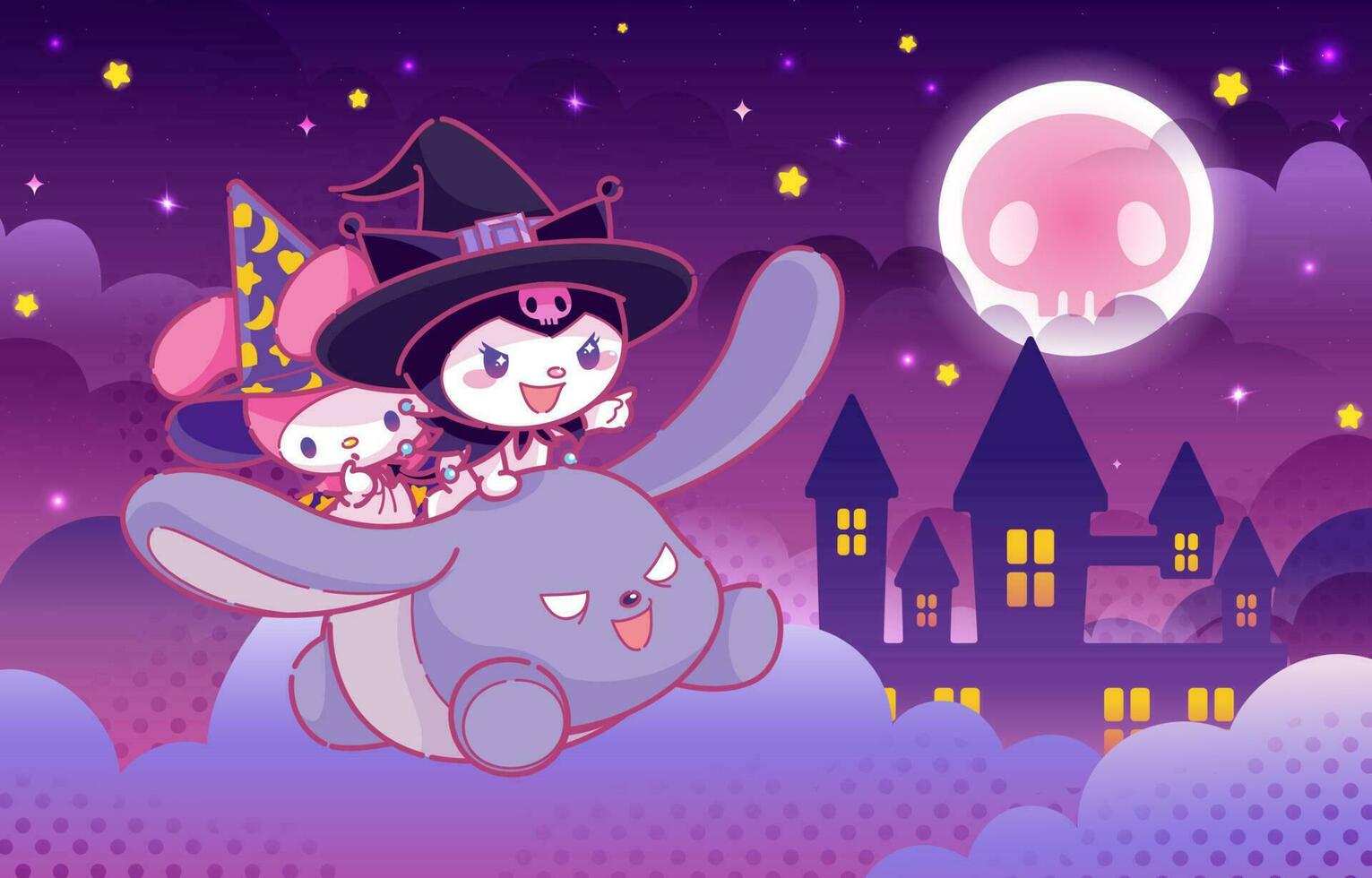 Cute Witch Rabbits Flying in The Night Sky Background vector