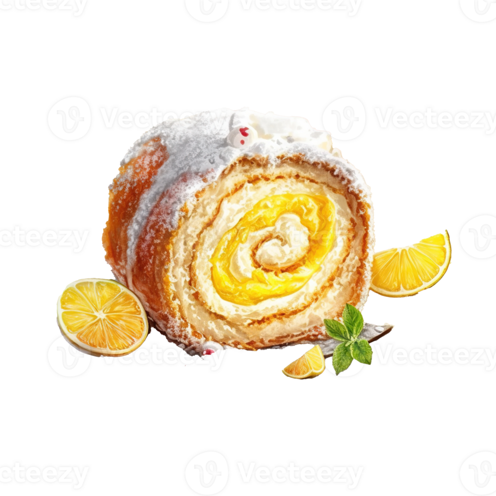 Lemon with Lemon Curd and Powdered Sugar Sweet roll cake, isolated object, watercolor illustration, png