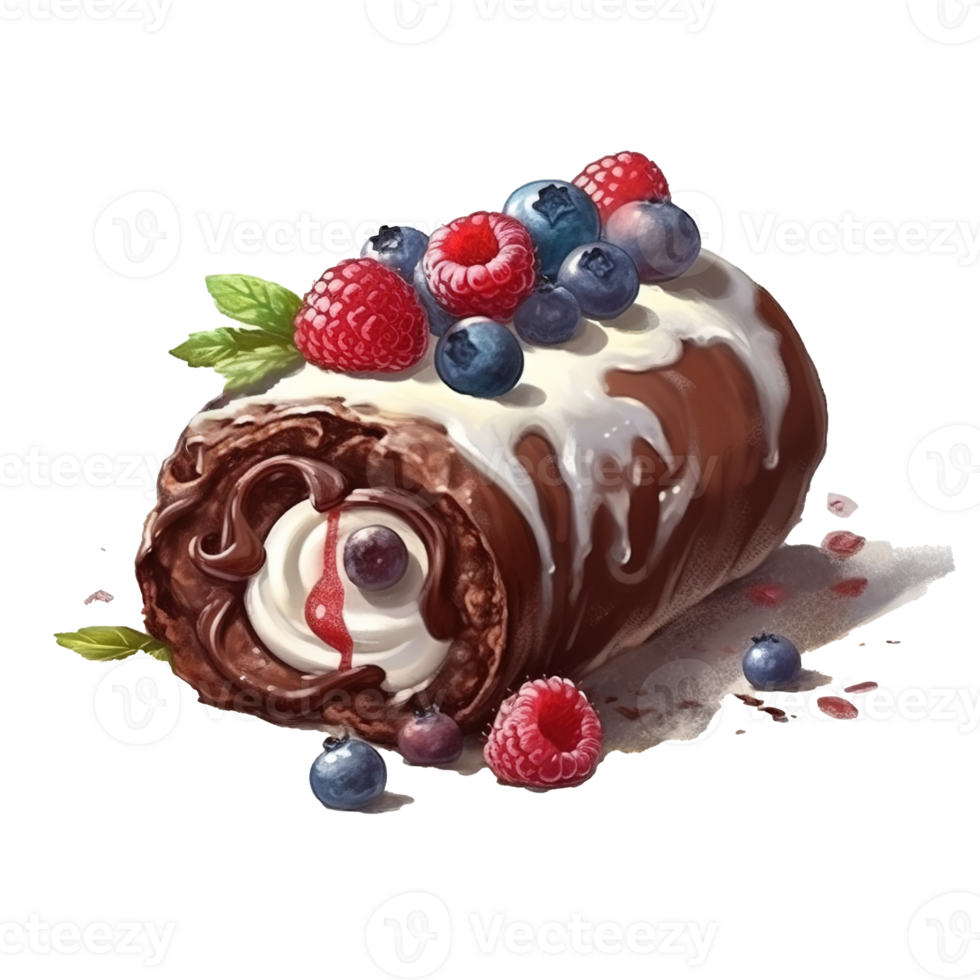 Chocolate with Whipped Cream and Fresh Berries Sweet roll cake, isolated object, watercolor illustration, png