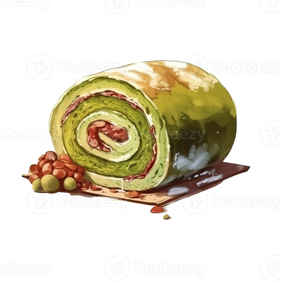 Matcha Green Tea with Red Bean Sweet roll cake, isolated object, watercolor illustration, png