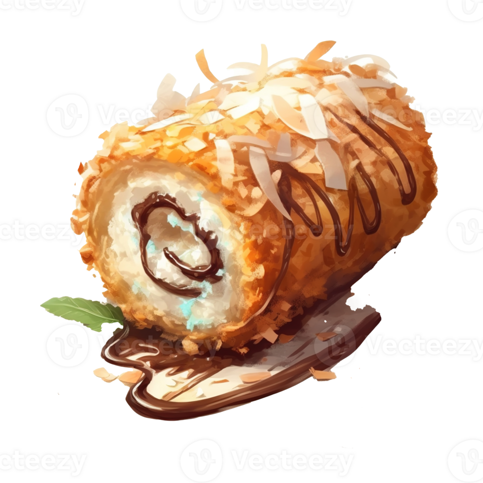 Coconut with Toasted Coconut Flakes and Drizzle Chocolate Sweet roll cake, isolated object, watercolor illustration, png