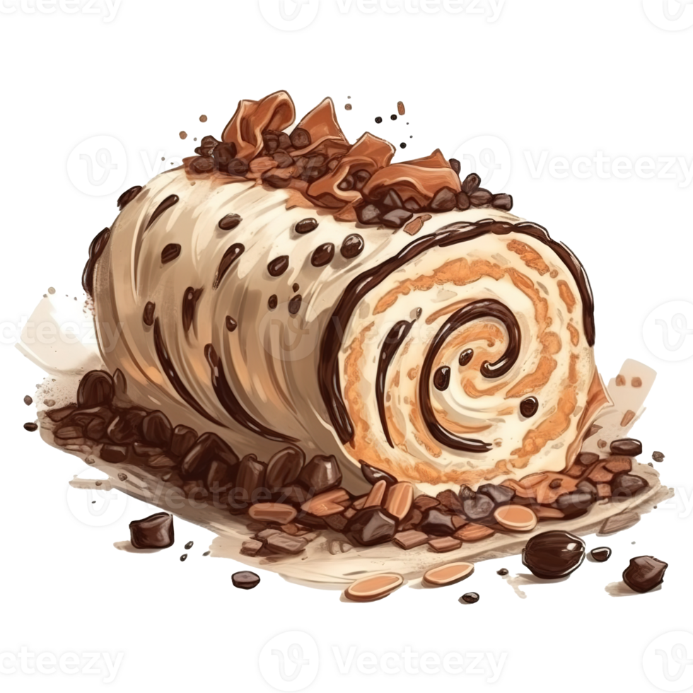 Coffee with Espresso Buttercream and Chocolate Shavings Sweet roll cake, isolated object, watercolor illustration, png