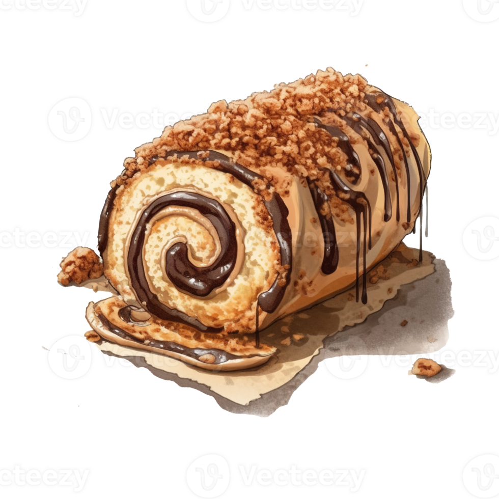 Coffee with Espresso Buttercream and Chocolate Shavings Sweet roll cake, isolated object, watercolor illustration, png