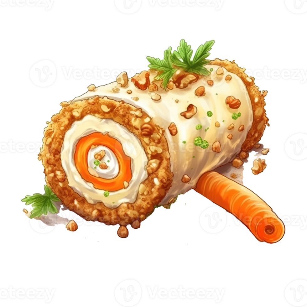 Carrot Cream Cheese Frosting and Chopped Walnuts Sweet roll cake, isolated object, watercolor illustration, png