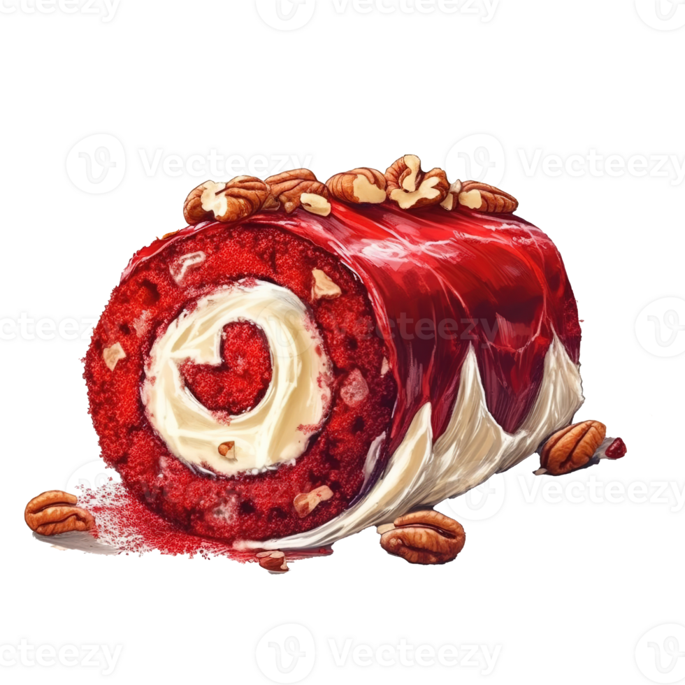 Red Velvet with Cream Cheese and Crushed Pecans Sweet roll cake, isolated object, watercolor illustration, png
