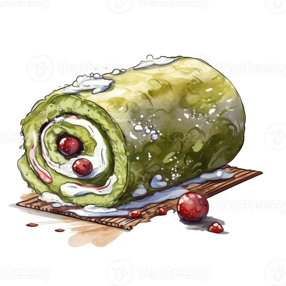 Matcha Green Tea with Red Bean Sweet roll cake, isolated object, watercolor illustration, png