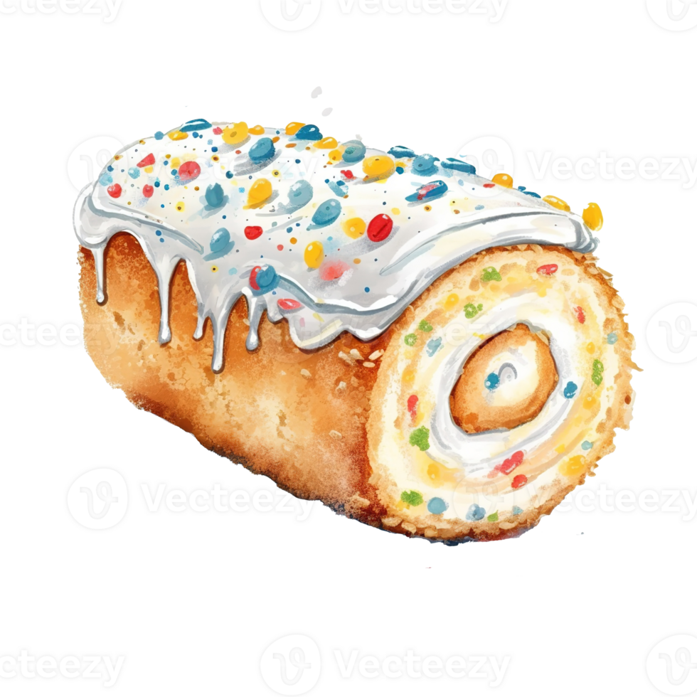 Vanilla Sponge with Buttercream and Sprinkles Sweet roll cake, isolated object, watercolor illustration, png
