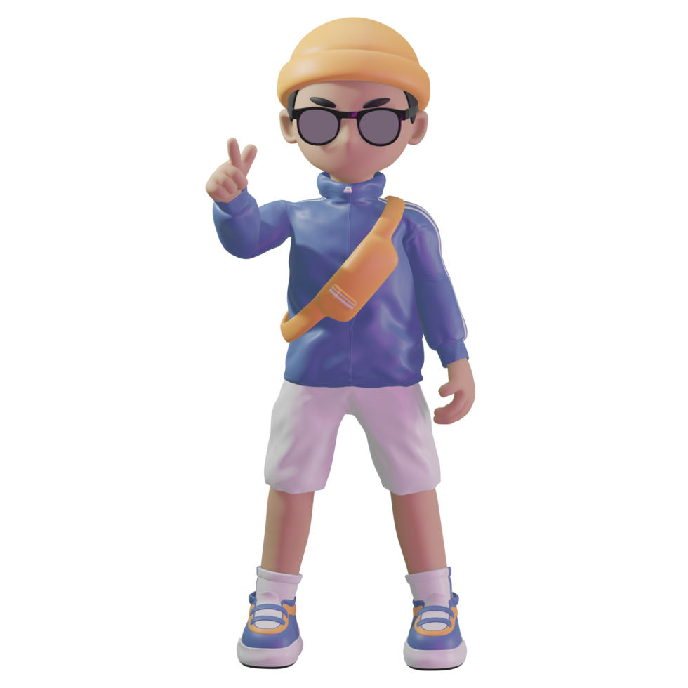 3d character with a blue jacket and sunglasses png