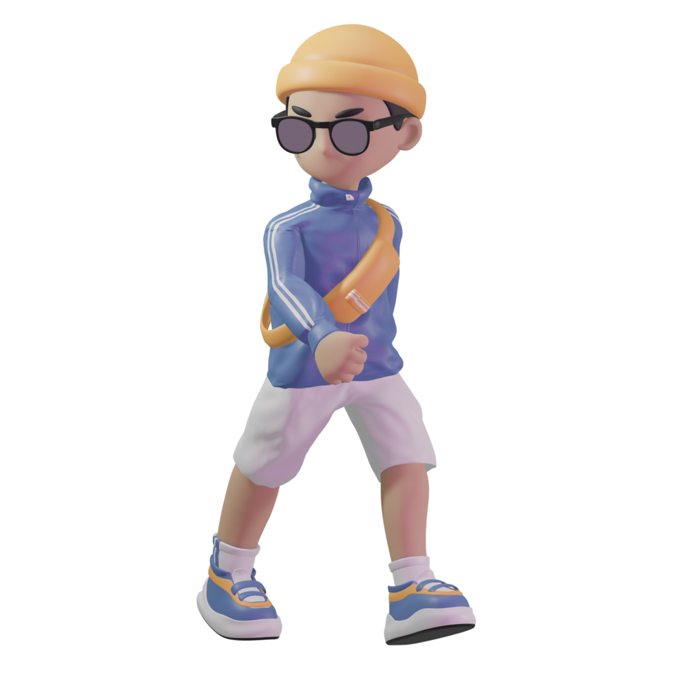 3d character with a blue jacket and sunglasses png