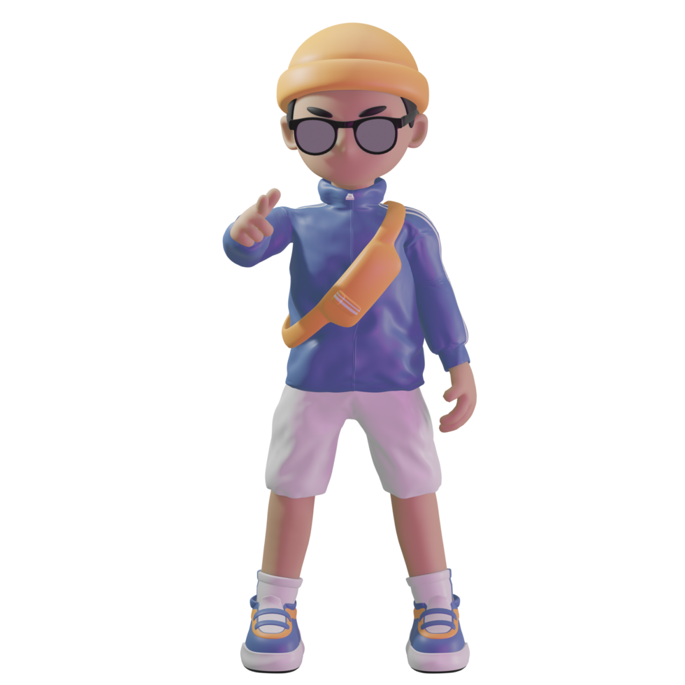 3d character with a blue jacket and sunglasses png