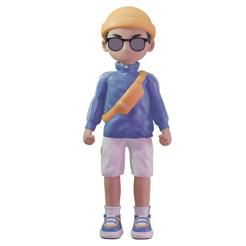 3d character with a blue jacket and sunglasses png